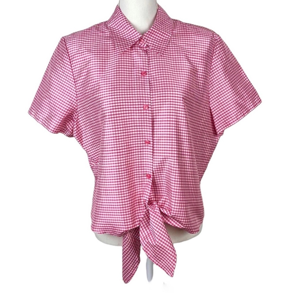 Judith Hart, Plus Size 16 Front Tie Button Up 100% Silk Vintage Pink White NWOT